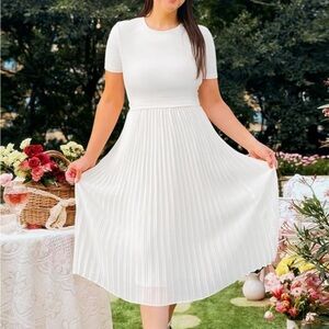 Zesica women summer short sleeve casual crew neck White Pleated Dress size XL